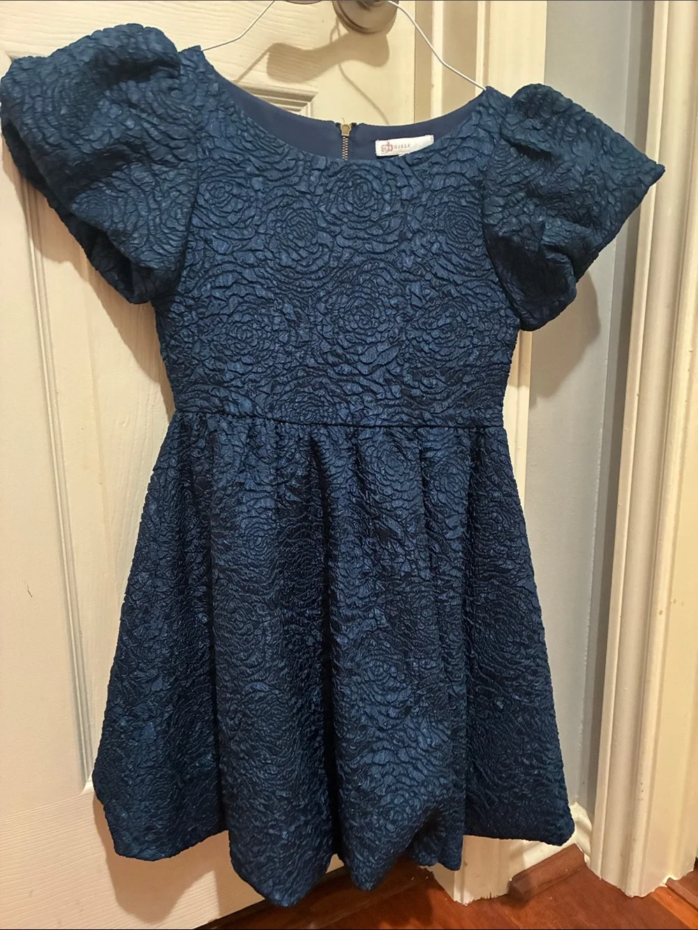 GB girls navy embossed puff-sleeve party dress